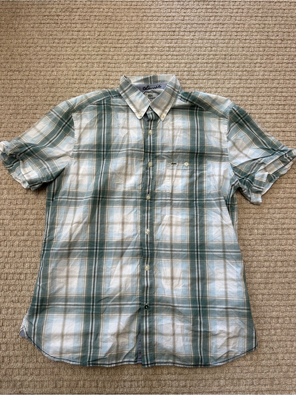 Lacoste Vintage Y2K Green & White Plaid Button Up Short Sleeve Shirt Sz 42